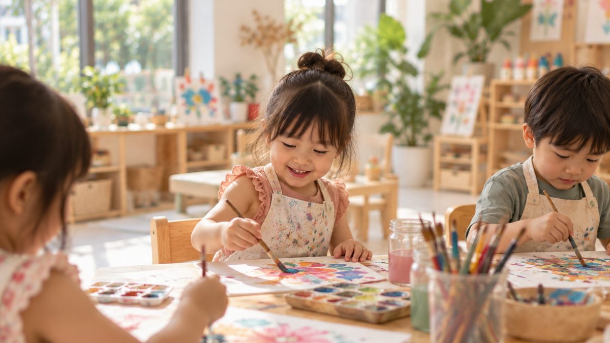 Children painting at a low table in a bright activity studio.