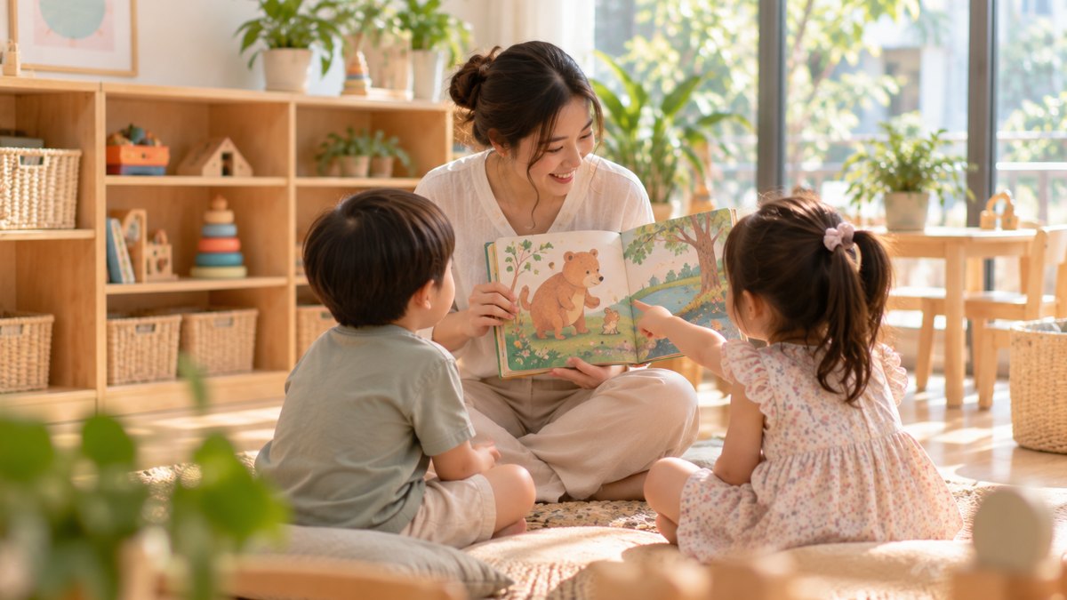 A preschool teacher sitting on the floor at child height in a bright classroom, holding an open picture book towards two small children.