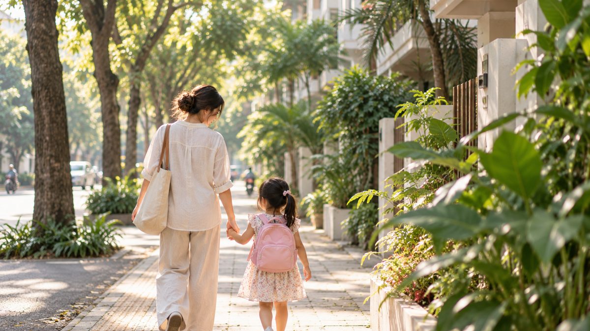 A leafy residential street in Ho Chi Minh City in early morning light, a parent walking a small child along the pavement.