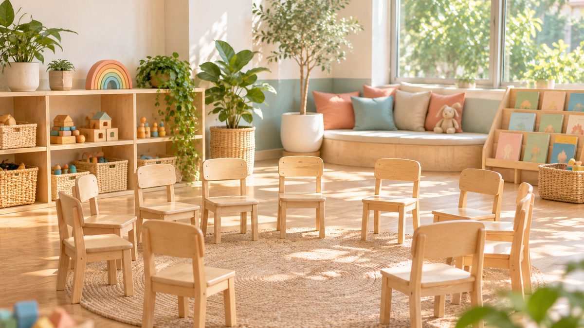 A sunlit classroom with small wooden chairs arranged in a circle and a reading corner.