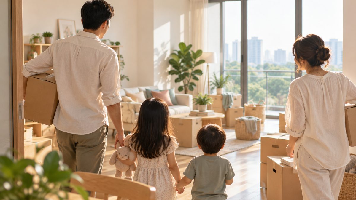 A family with two young children unpacking boxes in a new apartment.