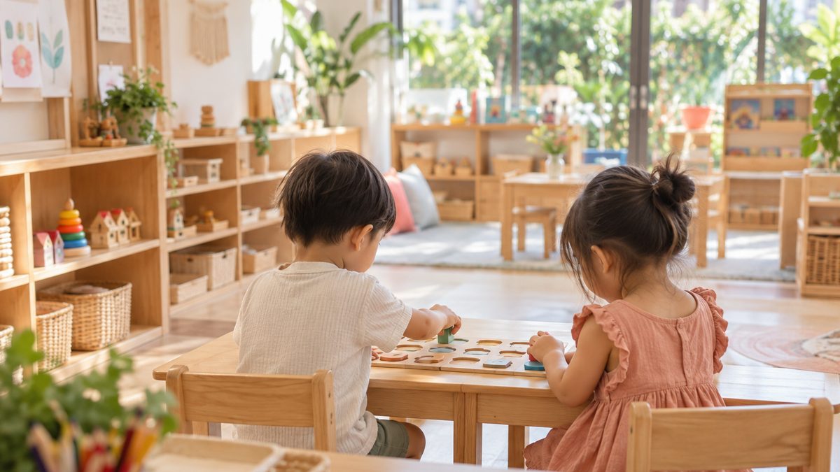 Two young children at a low table in a bright preschool classroom with wooden shelves and art materials.