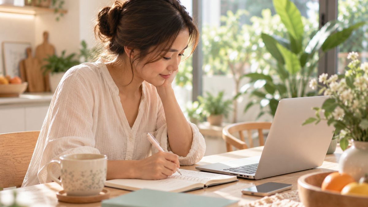 A parent making notes at a kitchen table beside an open laptop.